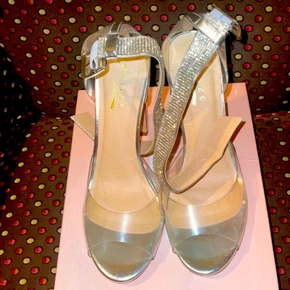 Silver  lucite block heel with rhinestone ankle strap